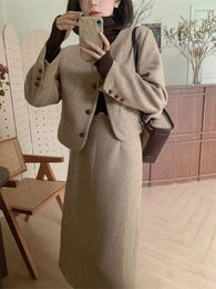 Two Piece Dress Korean Chic Suit Women Autumn Winter Petite Outfit High-End Chestnut Woollen Age-Reducing Two-Piece Set High Quality Fashion