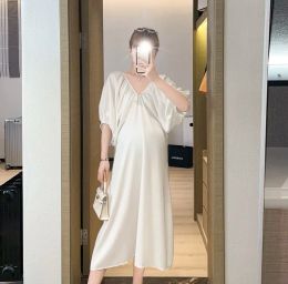Dresses 14534# Maternity Dress Summer V Neck Short Sleeves Easy Matching Loose Stylish Dress Pregnant Women Mom Dress