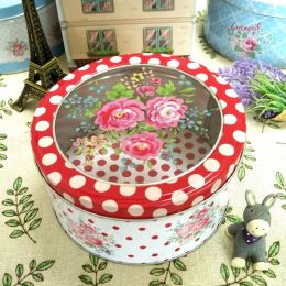 Bins Creative Transparent Sunroof Film Tin Box Medium Floral Round Cookie Gift Box Tea Candy Jewellery Seasoning Storage Box