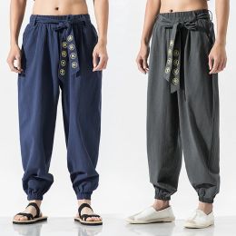 Pants Chinese Traditional Costumes Belt Text Embroidery Plus Size Harem Pants National Style Oversize Tai Chi Joggers Men Sweatpants