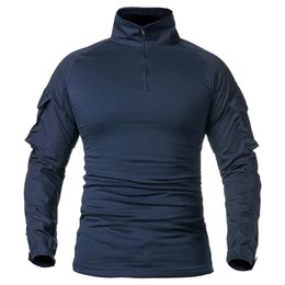 Mens Long Sleeve Army Combat Shirt 14 Zipper Ripstop Cotton Military Tactical Shirts Navy Blue Camoufalge Airsoft T 240220