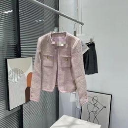 2024 Vinatge Pink Crew Neck Long Sleeves Crystal Pockets Women's Coats Designer Single Buttons Pockets Long Jackets 3028