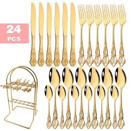 Sets 6/24Pcs Gold Luxury Dinnerware Mirror Stainless Steel Vintage Western Cutlery Set Tableware Knife Spoon Fork Cutlery Rack Set