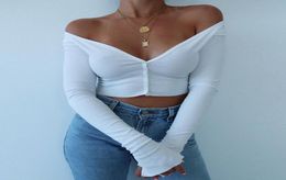 Women Long Sleeve Crop Tops Sexy Deep V Neck Basic Solid Black White Lady Casual Tshirt Sexy Off Shoulder T Shirts Summer Autumn Y3879900