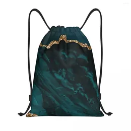 Shopping Bags Teal And Gold Agate Texture Drawstring Backpack Women Men Gym Sport Sackpack Portable Geometric Patterns Bag Sack