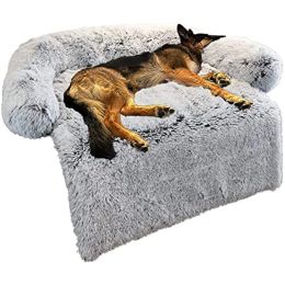 Mats Calming Dog Curved Bed Fluffy Plush Mat Furniture Protector with Removable Washable Cover for Large Medium Small Dogs and Cats