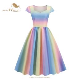 Dress SISHION Rainbow Colourful Short Sleeve Vintage Pleated Women Party Dress VD3191