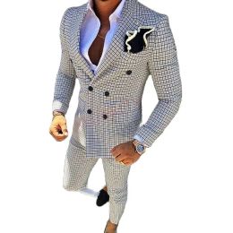Abiti VEIAI 2021 Fashion Lattice Abito da uomo Slim Fit Prom Abiti da sposa per uomo Sposo Tuxedo Jacket Pants Set Custom White Casual Men