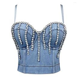 Women's Tanks 2024 Fashion Women Sexy Rave Rhinestone Fringe Denim Bustier Cami Corset Club Top Carnival Party Costumes Summer