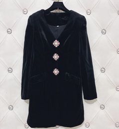 Casual Dresses Big Rhinestone Buttons V-neck Long Sleeve Women Elegant Velvet Hepburn Style Black Mini Dress