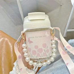 Water Bottles Tulip Glass Cute Bottle Cover Straw Strap Girls 400/450ml Coffee Juice Milk Cups Portable Drinking Nordic Practical Modern