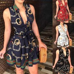 Basic Dresses Plus Women Dresses Bandage Shirt Spring Summer Lace Up Button Down Chain Printed Lapel Neck Party Designer Fashion Sexy 3XL Fall Clothes 240302