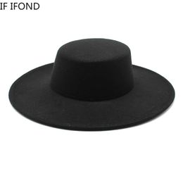 French Womens Hat Big Wide Brim 10CM Fedora Hat Winter Wool Derby Wedding Jazz Hats Flat Top Felt Hat 240221
