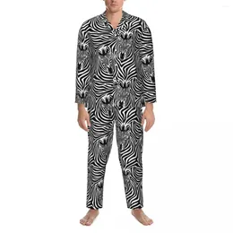 Men's Sleepwear Trendy Zebra Print Pyjamas Men Black And White Abstract Stripes Daily Nightwear Spring 2 Piece Vintage Oversized Pyjama Sets