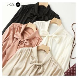 Women's Blouses Silk Ribbon Bow Shirt Solid Colour Bottom Top Mulberry Long Sleeve 2024 Fashionable Spring And Summer Style