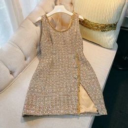 Luxury Gold Sequined Tweed Dress for Women Autumn Winter Runway Designer Elegant Sleeveless Aline Mini Dresses Vestidos 240226