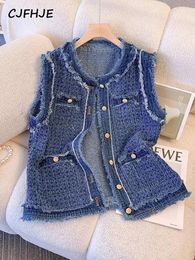 CJFHJE Blue Spring Autumn Flow Sleeveless Tank Top Coat Women Single Breasted Plaid Denim Vest Female Tassel Elegant Lady Vests 240229