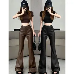 Women's Pants European Black Brown Micro PU Leather For Women Spring Autumn Slim Fit High Waist Casual Floor Length Pantalons