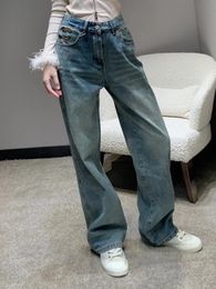 Роскошные женские джинсы бренд 2024 Fashion Women Women Blue High Plaist Street Wear Wide Gean Жан -брюки с прямыми джинсовыми брюками