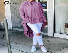 2020 New Celmia Plus Size Ruffled Hem Blusas Women Casual Soild Long Sleeve Blouse Top Lapel Collar Back Buttons Loose Shirt 5XL5043453