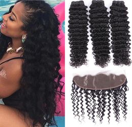 8A Grade Deep Wave Human Hair 3 Bundles With Closure Brazilian Hair Weave Bundles With Frontal Closure Lace Frontal Closure NonRem3547487