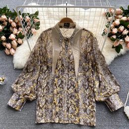 Women's Blouses Top Shirt Design Sense Of Minority Nail Bead Lapel Stitching Snake Skin Autumn Thin Style