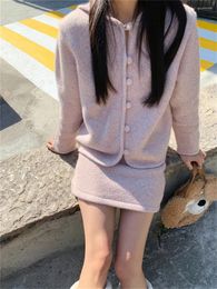 Work Dresses Alien Kitty Pink Elegant Knitwear Hooded Sweaters Women Chic Daily Spring 2024 Office Lady High Waist Slim Mini Skirts Suits