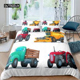 Set Kid Excavator Duvet Cover Tractor Truck Bedding Set Construction Vehicle Cartoon Comforter Cover Crane Car Polyester Quilt Cover Sheer Curtains