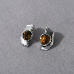 Original Series Tiger Eye Stone Earrings for Women's Simple Round Earrings 2023 New Unique Design High End Autumn/Winter Earrings Geometric Versatile Style