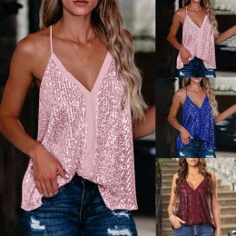 Camis Women Fashion V Neck Party Sequin Strap Loose Casual Sleeveless Tunic Tank Tops Beautiful Sexy High Quality Vest Fast Shipping