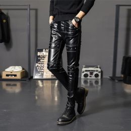 Pants Personalised Rivet Leather Pants Men's Chic Korean Slim Fit Thick Leggings Youth Solid Colour Black Skinny Pants 12A5007