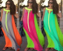 Casual Fahion Chiffon Bright Colour Patchwork Casual Dresses Sleeveless Sundress Loose Dress Cheap Women Summer Boho Maxi Dresses T9081875