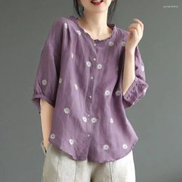 Women's Blouses Embroidered Shirt Middle Sleeve Casual Blouse Korean Loose Ladies Tops Sweet White Black Purple Blusas