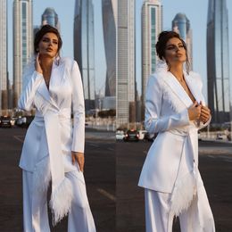 White Feather Women Pants Suits Slim Fit Fashion Show Ladies Blazer Jacket Guest Wear 2 Pieces With Sashes