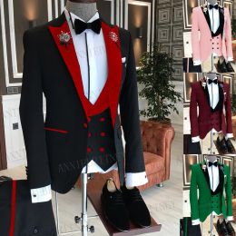 Suits 2023 Formal Business Men Suit 3 Pieces Male Jacket Custom Fashion Groom Wedding Suit Tuxedo Red Velvet Lapel Blazer Vest Pants