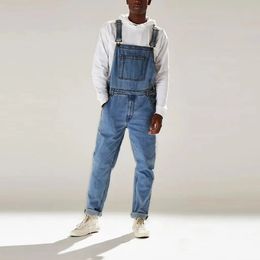 Mens Denim Jumpsuits Streetwear Fashion Pants Loose Suspender Distressed Overalls Jeans 240228