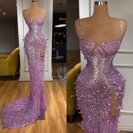 Spaghetti Straps Glitter Evening Dresses Crystal Mermaid Prom Sequins Side Split Dress For Special Ocns Custom Made Plus Size