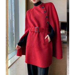 Blends Christmas Cashmere Cape Red Wool Cloak 2021 Fashion Women Single Breasted Elegant High Quality Autumn Korean Style Woolen Coats
