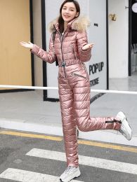 Jackets One Piece Ski Suit Women Winter Fur Hooded Jumpsuit Cotton Padded Parka Jumpsuits Zipper Overalls Tracksuits Jacket Pants