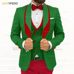 Suits Fashion Men Suit Slim Fit Wedding Christmas Prom Groomsman Red Velvet Lapel Blazer Tailormade Mens Jacket Vest Pants Tuxedo Set