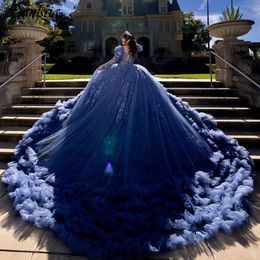 Navy Blue Tiered Tulle Pleat Ball Gown Quinceanera Dresses Long Sleeve Sequined Appliques Lace Corset Vestidos De 15 Anos