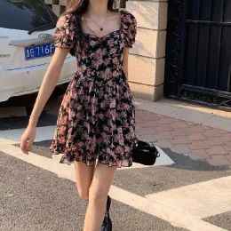 Dress Summer New Floral Printed Dress Women Square Collar Bubble Sleeve First Love Style Skirt Fresh Sweet High Waist ALine Hot Skirt