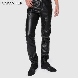 Pants CARANFIER Brand 2019 New Men Leather Pants Elastic High Waist Lightweight Casual PU Faux Trousers Thin Motor Clothing S4XL