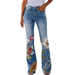 Jeans New Floral Printed Loose Flared Pants for Women Jeans Stretch Harajuku Bell Bottom Long Trousers Female Straight Leg Denim Pants