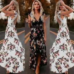 Dress Women Boho Backless Irregular Floral Printed Dress Summer Deep V Trim Long Lace Maxi Dresses Open Back Party Vestidos