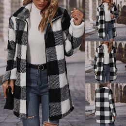 Jackets Winter Coats for Women Vintage Plaid Print Warm Fuzzy Fleece Long Jacket Overcoat Cardigan Zipper Jackets Manteau Femme Hiver