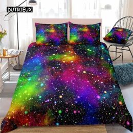 Set Rainbow Galaxy Duvet Cover Rainbow Quilt Cover Set Colourful Stars Space Psychedelic Polyester Bedding Set Double Queen King Size Sheer Curtains