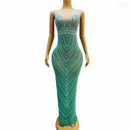 Stage Wear Designed Green Mesh Pearls Sleeveless Stretch Dress Evening Birthday Celebrate Costume Prom Party Show Po Shoot