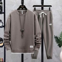 2024 Spring Autumn Mens Two Piece Set Linen Fabric Casual Sweatshirt and Sweatpants Sports Suit Fashion Tracksuit 240219
