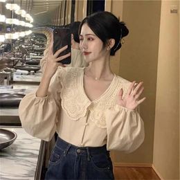 Women's Blouses Women Long-sleeved Top Chic V-neck Lantern Sleeve Soft Casual Sweet Style For Spring Fall Commutes